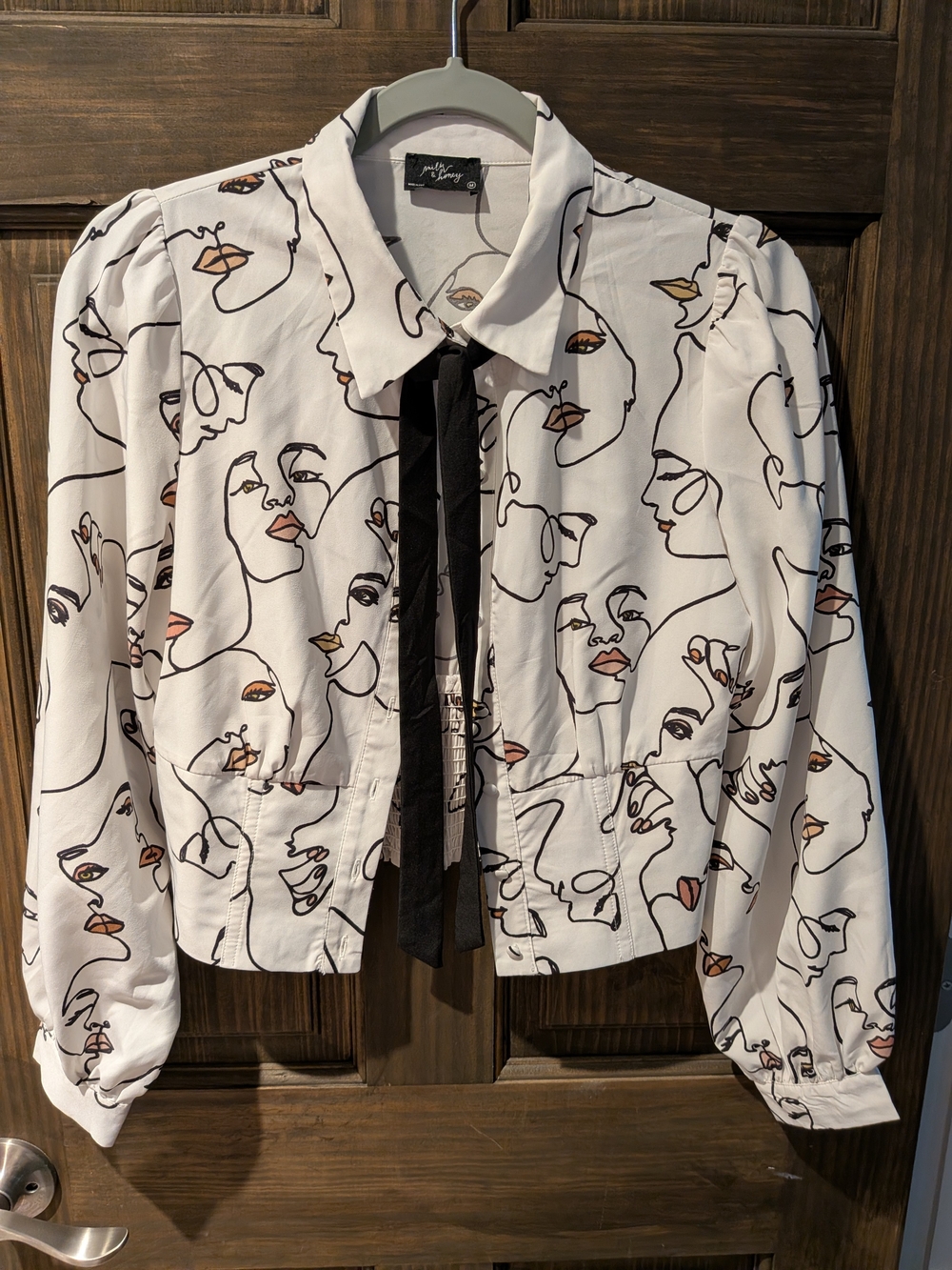 Milk & Honey - Abstract Face Print White Cropped Blouse with Black Tie